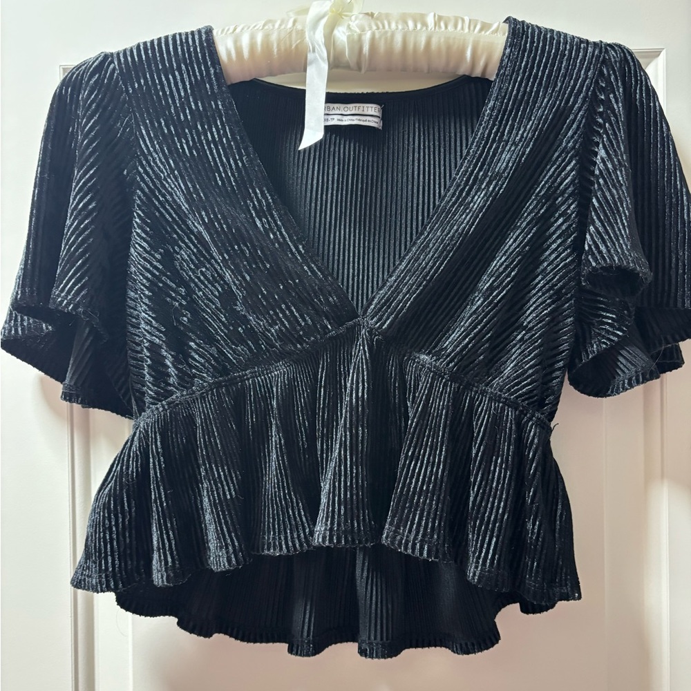 urban outfitters black shiny top deep V cut